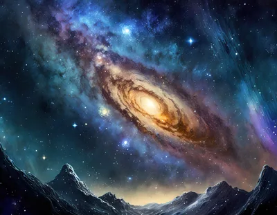 Spiral Galaxy Over A Rocky Alien Planet Landscape