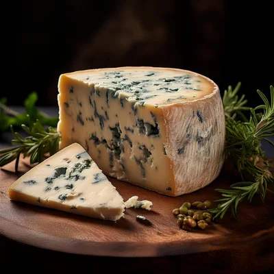 Wedge Of Blue Cheese On A Wooden Board