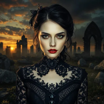 Gothic Woman Standing Amidst Ancient Stone Ruins