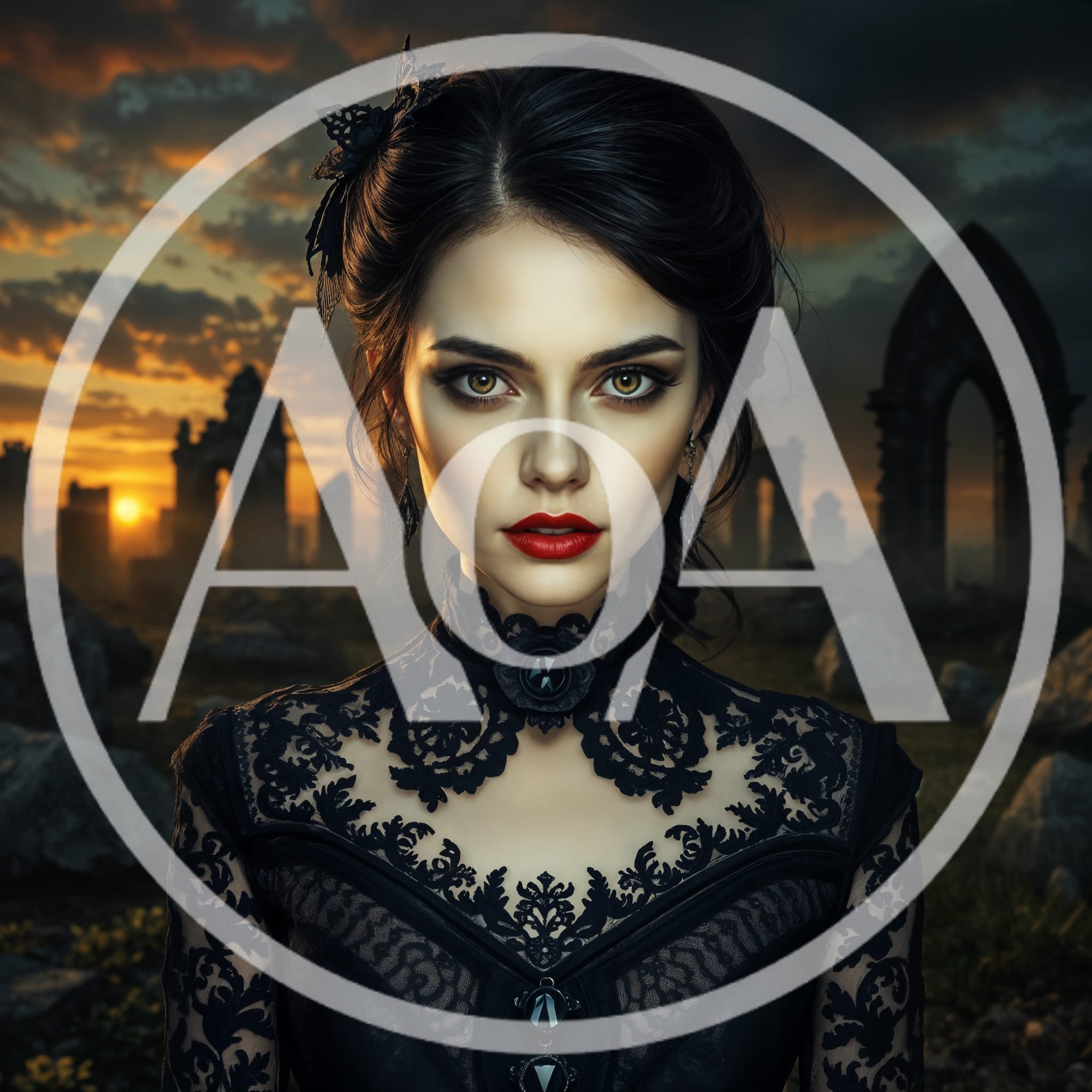 Gothic Woman Standing Amidst Ancient Stone Ruins