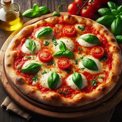 Fresh Margherita Pizza On A Wooden Serving Board