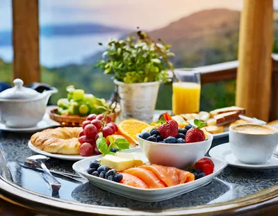 Luxurious Breakfast Spread With Fruit And Salmon