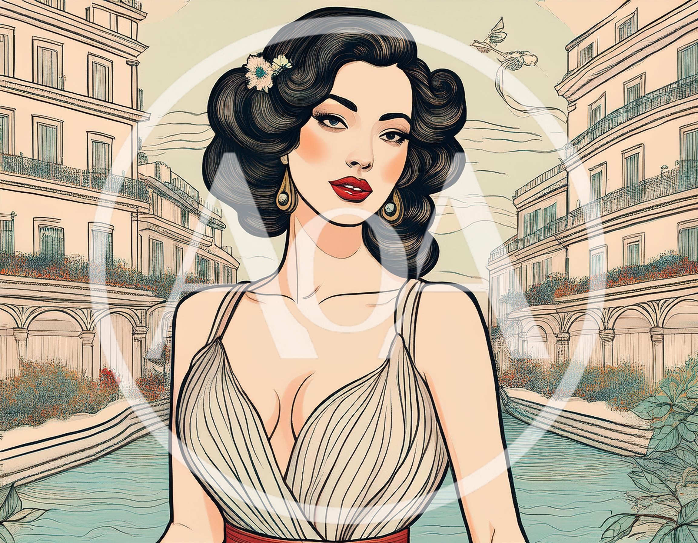 Vintage Illustration Of A Glamorous Woman In Venice