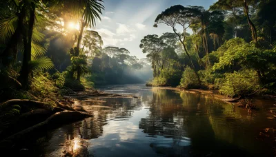 Sunlight Streaming Through Tropical Rainforest River Landscape