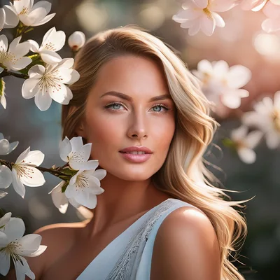 Beautiful Blonde Woman Posing Among Spring Cherry Blossoms