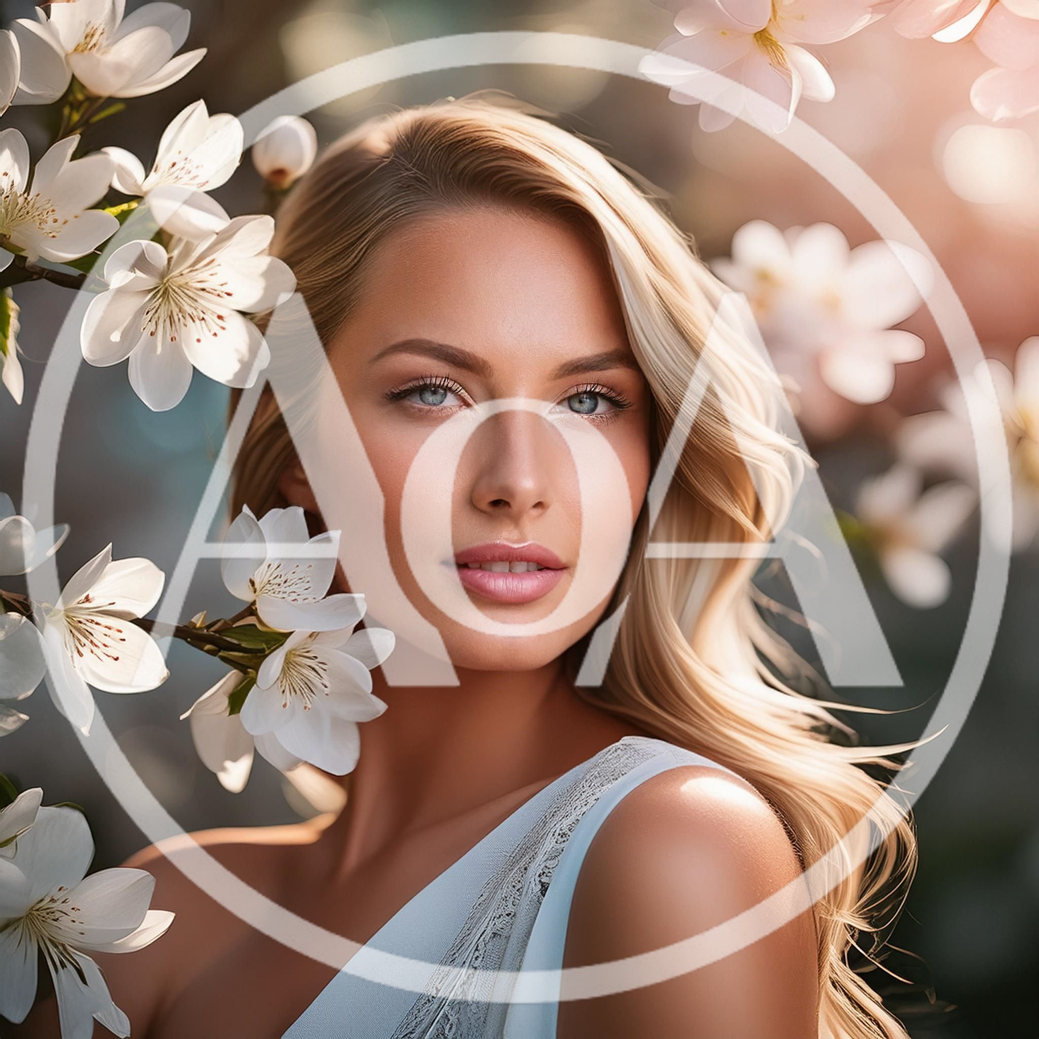 Beautiful Blonde Woman Posing Among Spring Cherry Blossoms