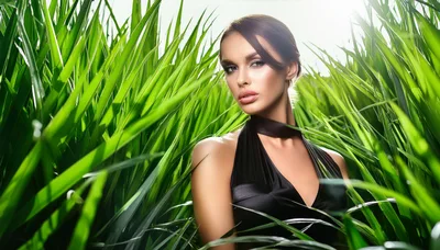 Beautiful Woman Posing In Lush Green Grass