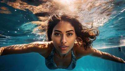 Young Woman Swimming Underwater In A Pool