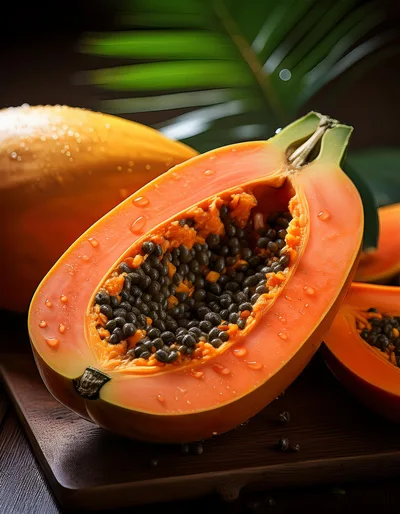 Fresh Cut Papaya Fruit On Wooden Board