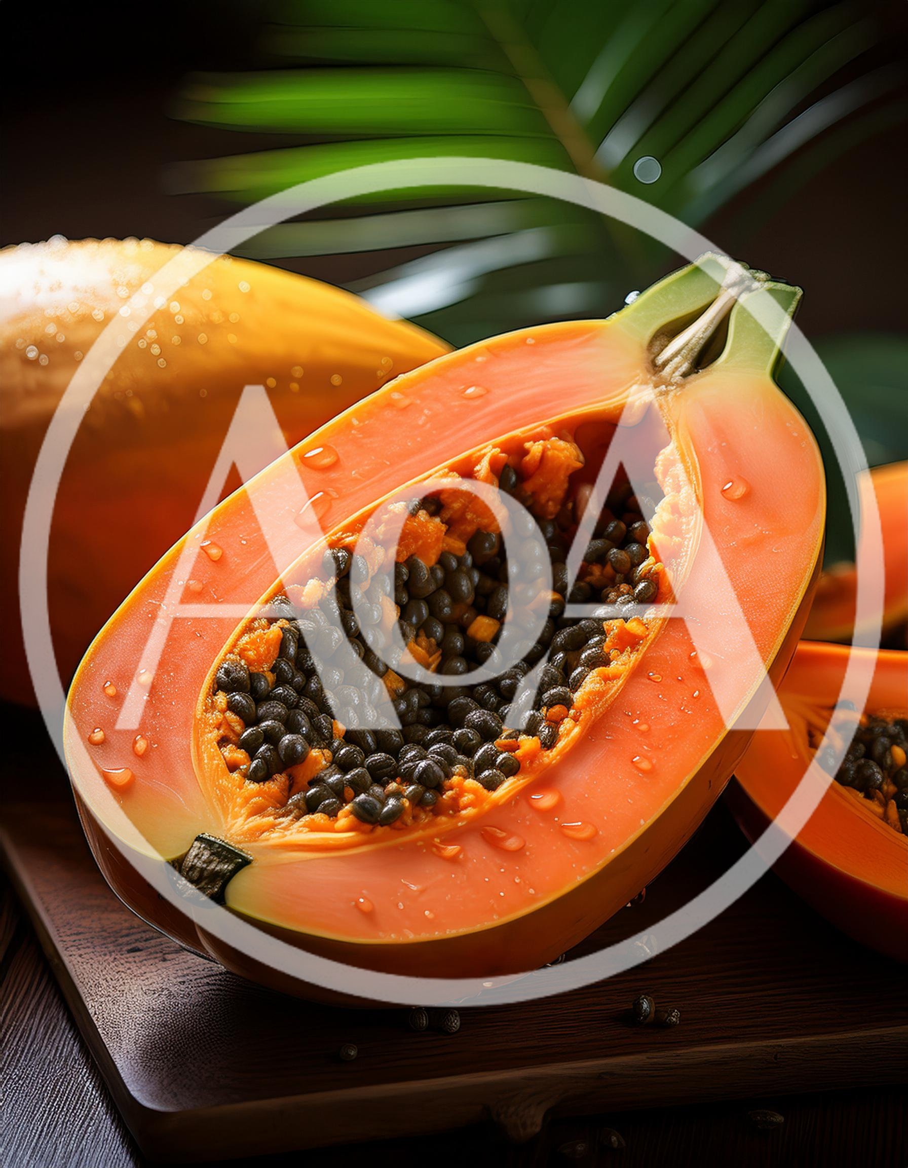 Fresh Cut Papaya Fruit On Wooden Board