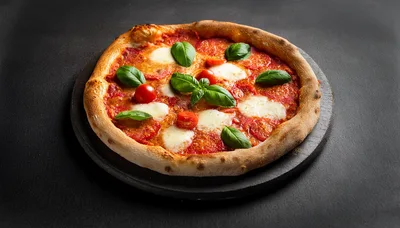 Fresh Margherita Pizza On A Dark Stone Board