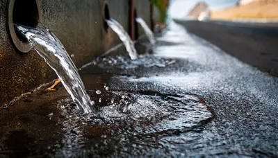 Water Flowing From Concrete Drainage Pipes Into Gutter