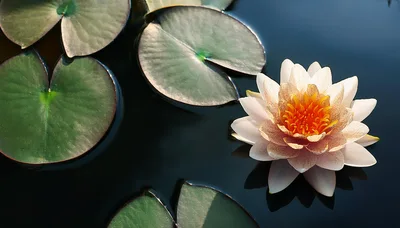 White Water Lily Floating On Dark Pond Water