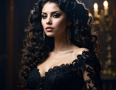 Elegant Woman With Long Curly Hair In Black Lace Dress