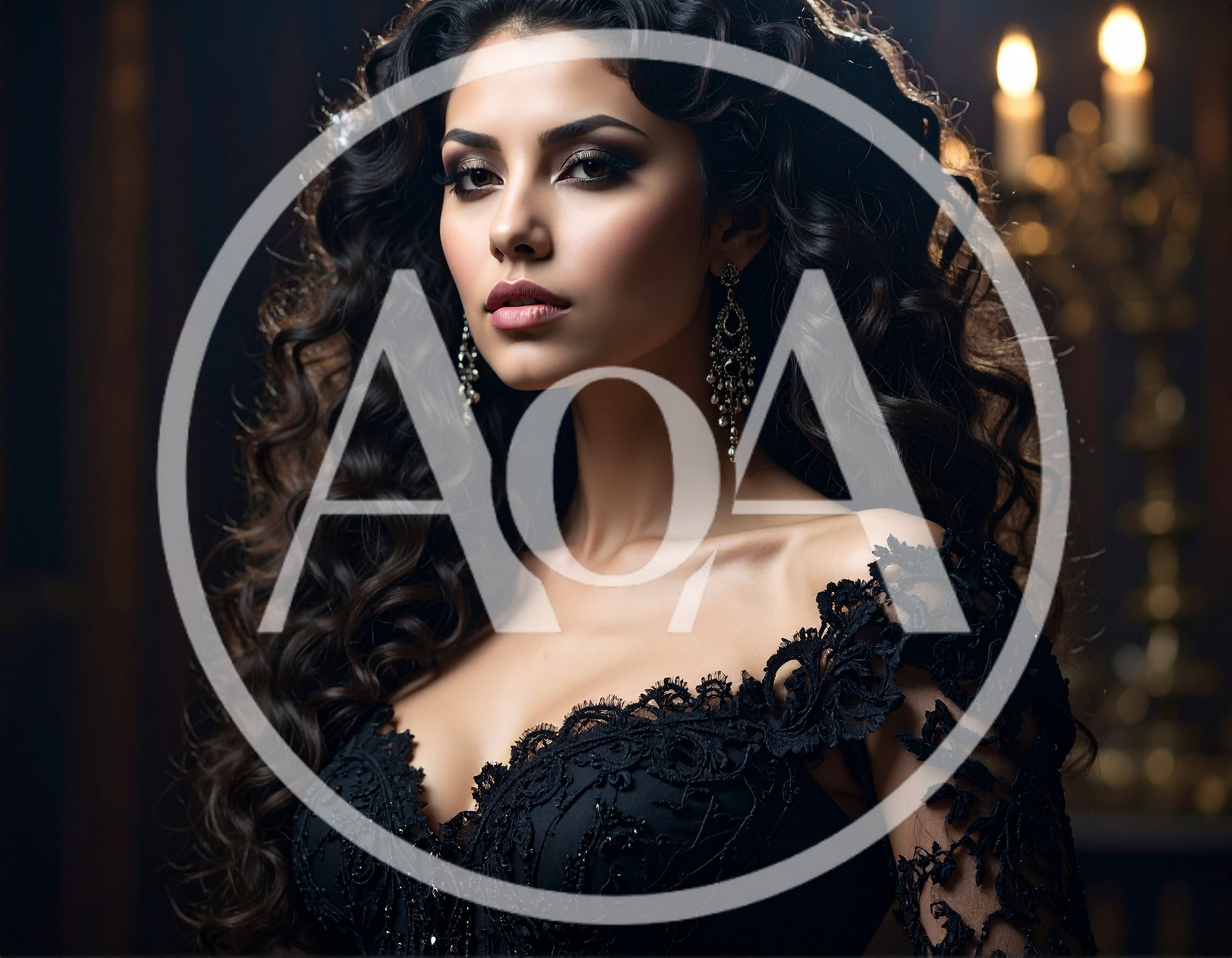 Elegant Woman With Long Curly Hair In Black Lace Dress
