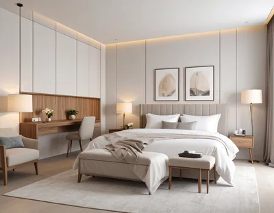 Modern Minimalist Bedroom Interior With Desk And Bed
