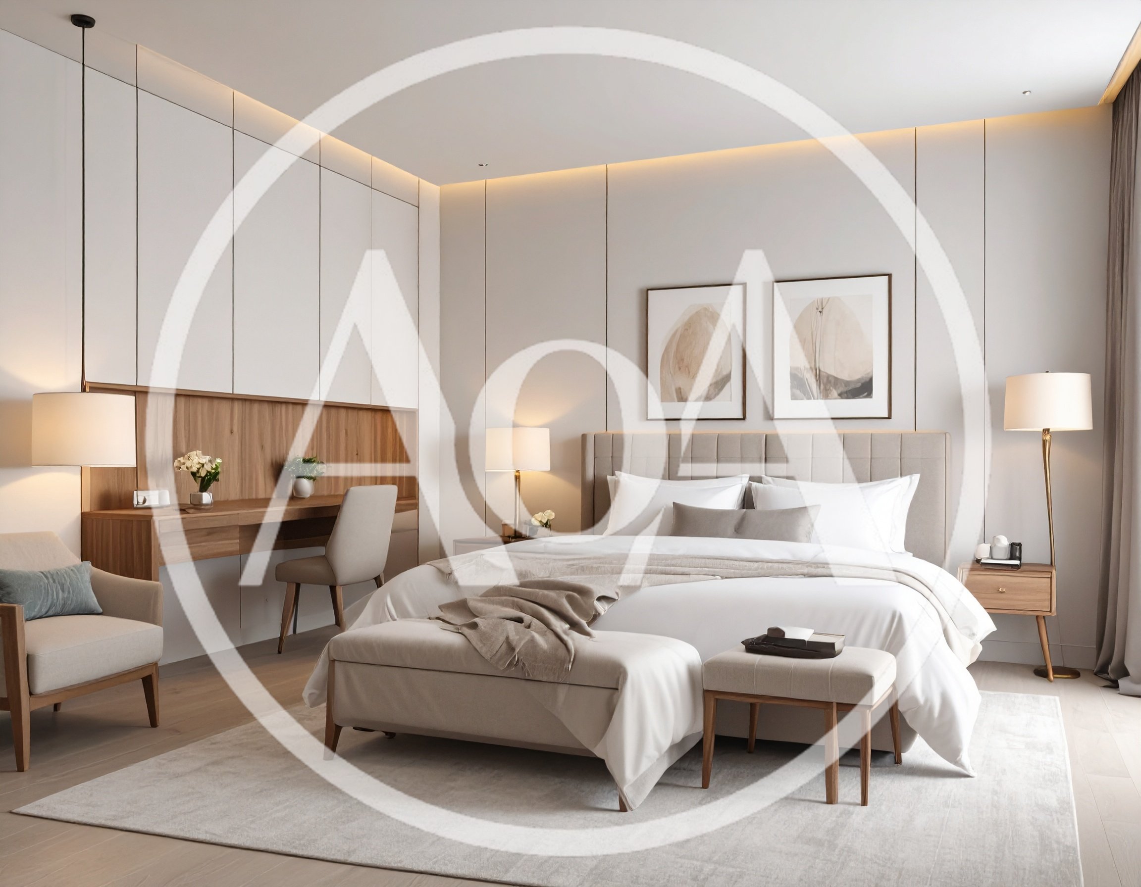 Modern Minimalist Bedroom Interior With Desk And Bed