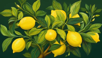 Botanical Illustration Of Ripe Lemons On Branches