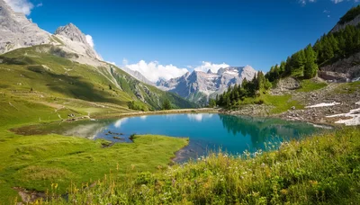 Alpine Lake Landscape With Mountain Peaks And Green Meadows