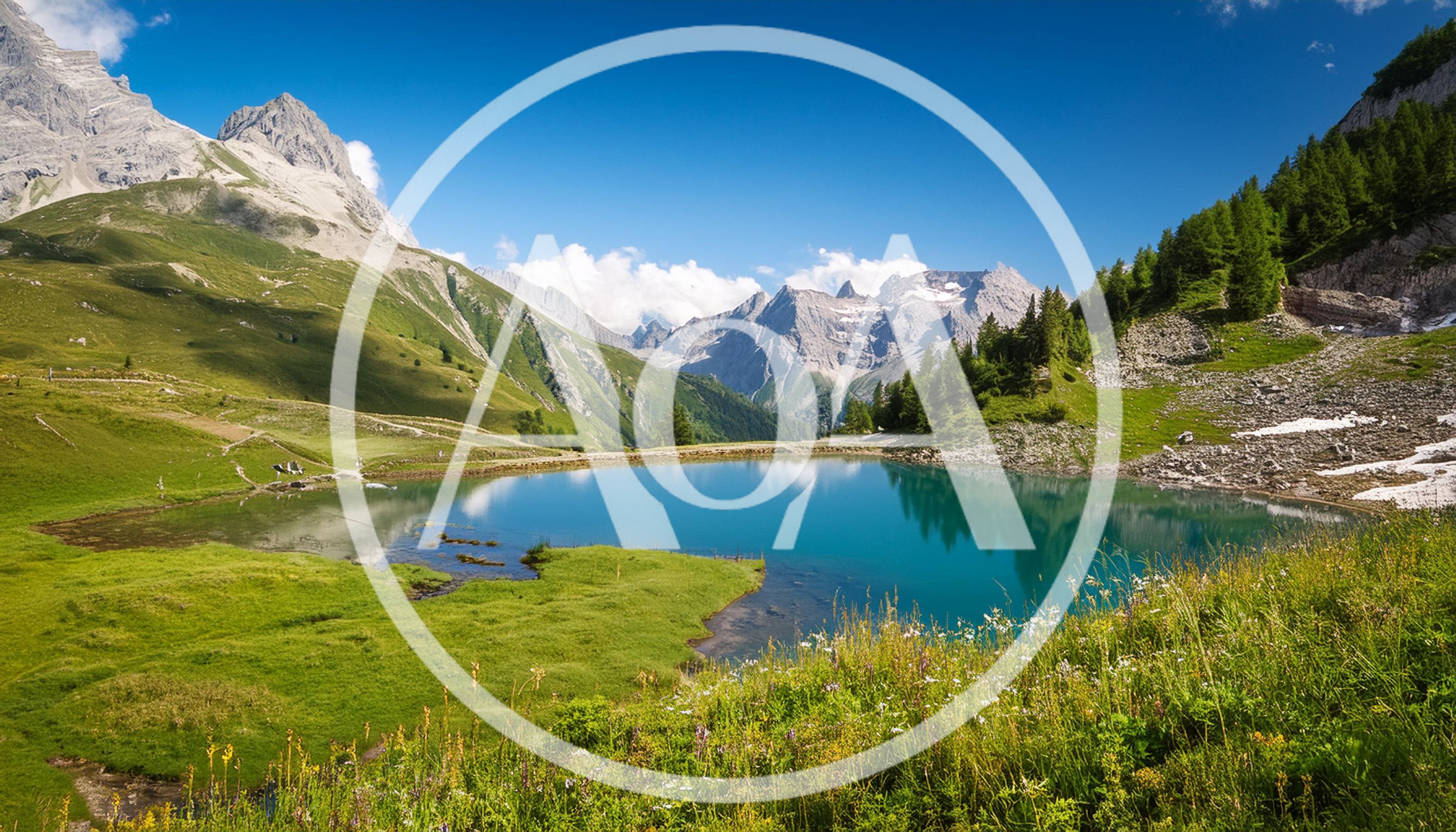 Alpine Lake Landscape With Mountain Peaks And Green Meadows