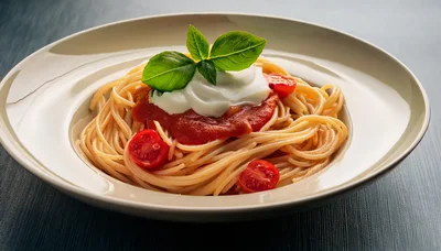 Spaghetti Pasta With Tomato Sauce And Fresh Mozzarella