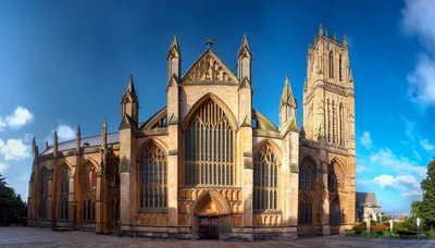 Wells Cathedral Exterior Facade Under Clear Blue Sky