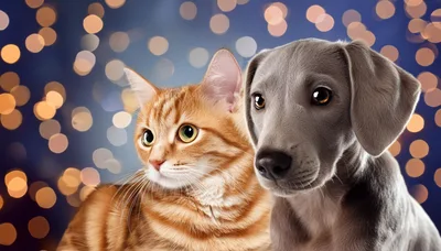Portrait Of An Orange Tabby Cat And A Grey Puppy