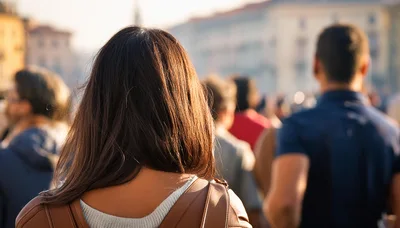 People Walking Through A Sunny City Square