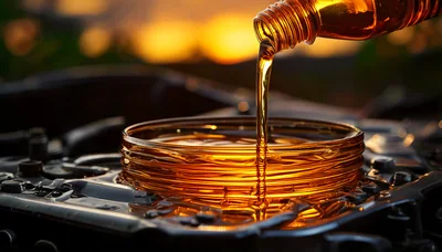 Pouring Golden Motor Oil Into Car Engine