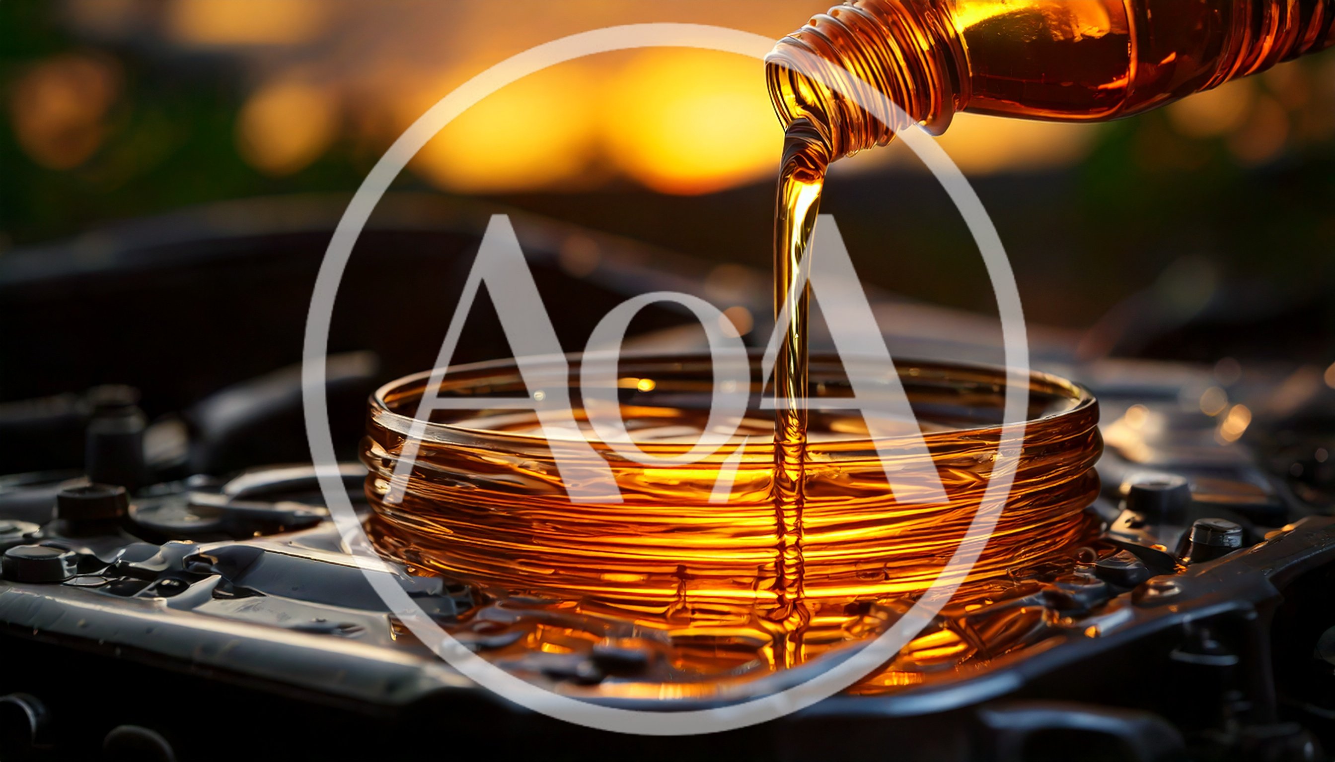 Pouring Golden Motor Oil Into Car Engine
