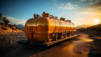 Golden Industrial Tanker Trailer In Desert Landscape
