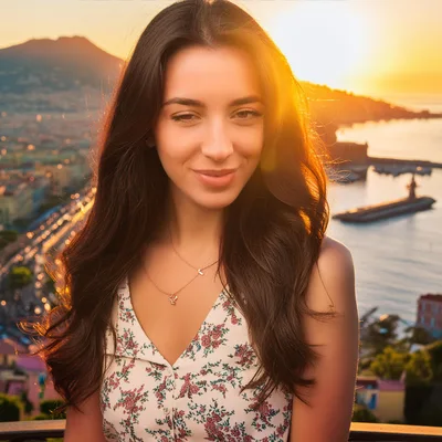 Young Woman Smiling At Sunset Overlooking Coastal City