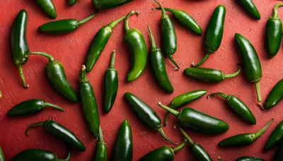 Fresh Green Jalapeno Peppers On Red Textured Background