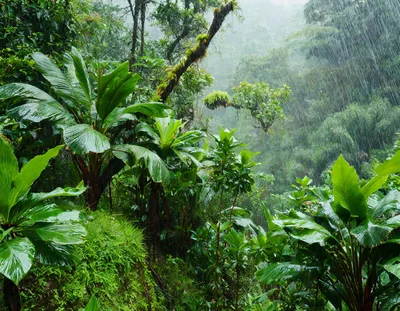 Heavy Tropical Rain Falling In A Lush Rainforest