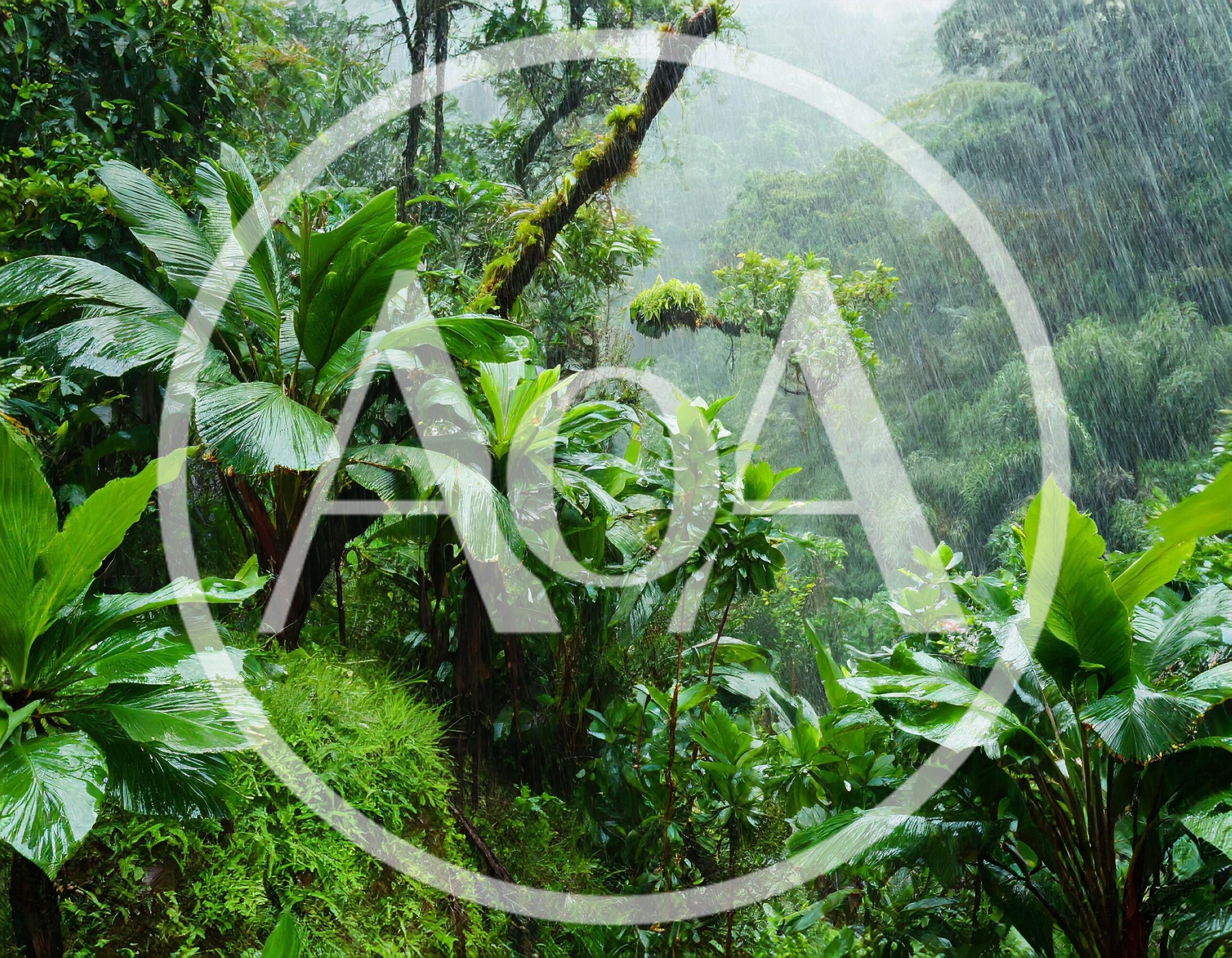 Heavy Tropical Rain Falling In A Lush Rainforest