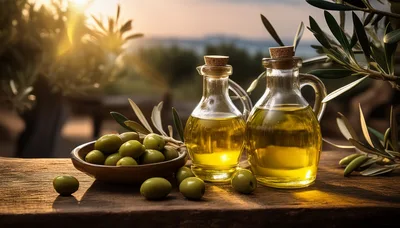 Olive Oil Bottles and Fresh Olives on Wooden Table