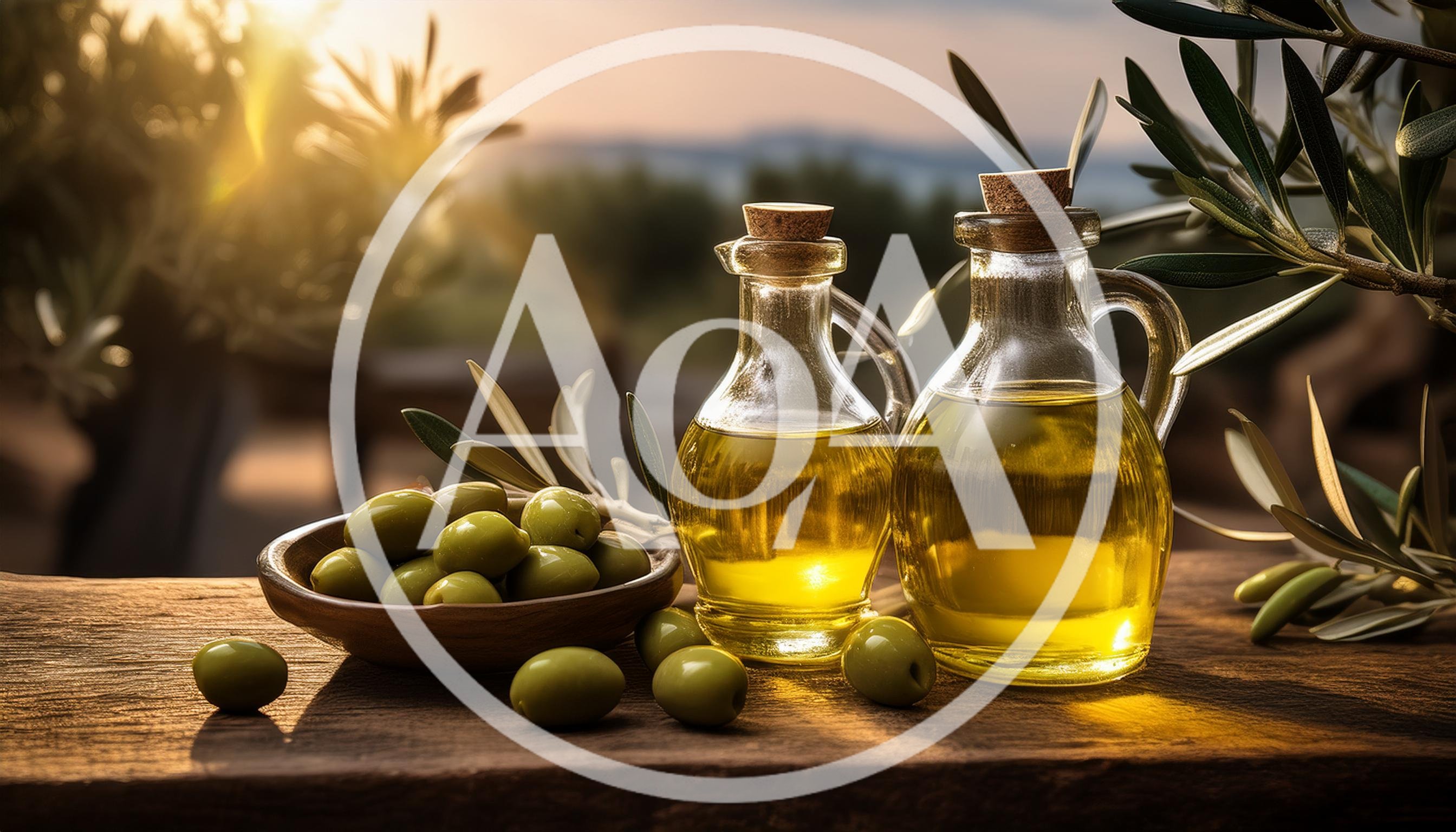 Olive Oil Bottles and Fresh Olives on Wooden Table