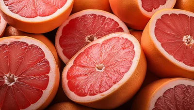 Fresh Halved Grapefruits Arranged In A Pile