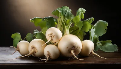 Fresh White Turnips With Green Leaves On Wooden Table