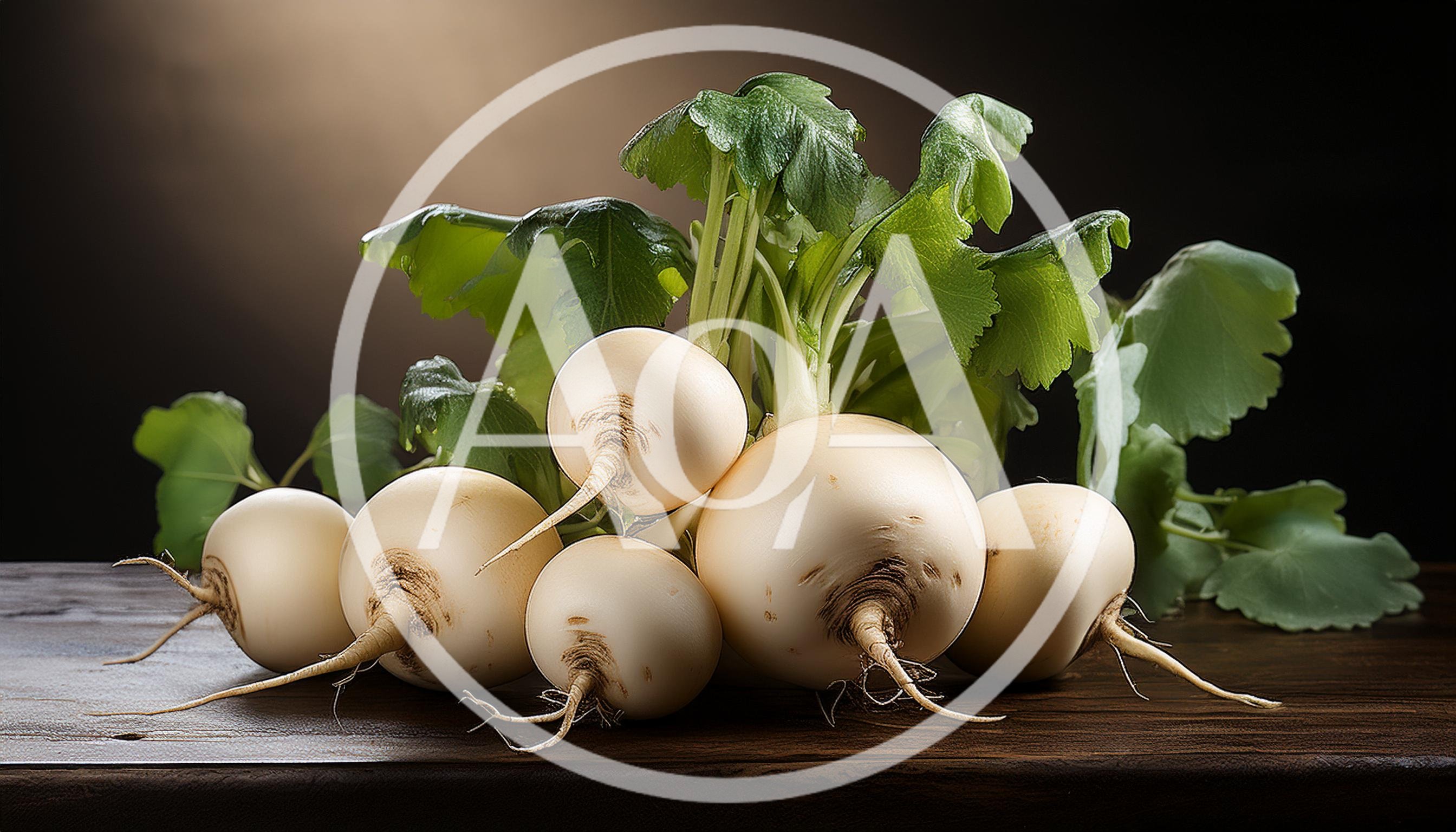 Fresh White Turnips With Green Leaves On Wooden Table