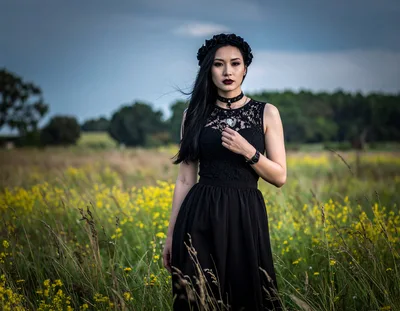 Gothic Woman Standing In A Wildflower Meadow