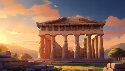 Ancient Greek Temple Ruins At Sunset