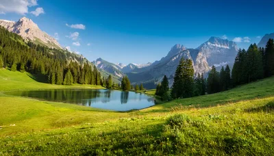 Scenic Alpine Lake Surrounded By Lush Green Mountains