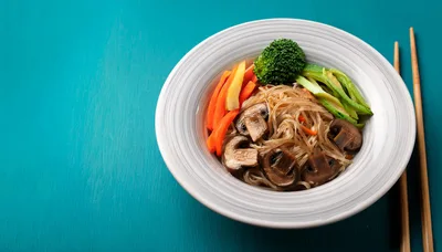 Bowl Of Glass Noodles With Vegetables And Mushrooms