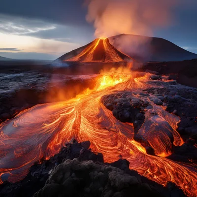 Volcanic Eruption With Molten Lava Flowing Downhill
