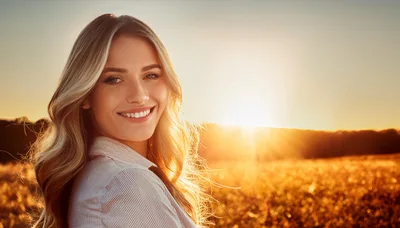 Smiling Blonde Woman Standing In A Golden Field