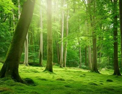 Sunlight Filtering Through A Lush Green Beech Forest
