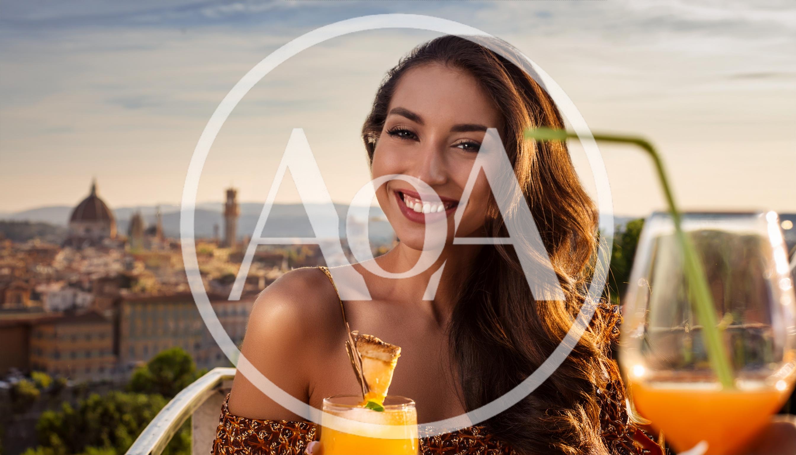 Smiling Woman Enjoying Cocktails Overlooking Florence Skyline