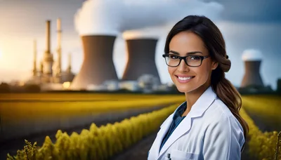 Female Scientist Standing Before A Nuclear Power Plant
