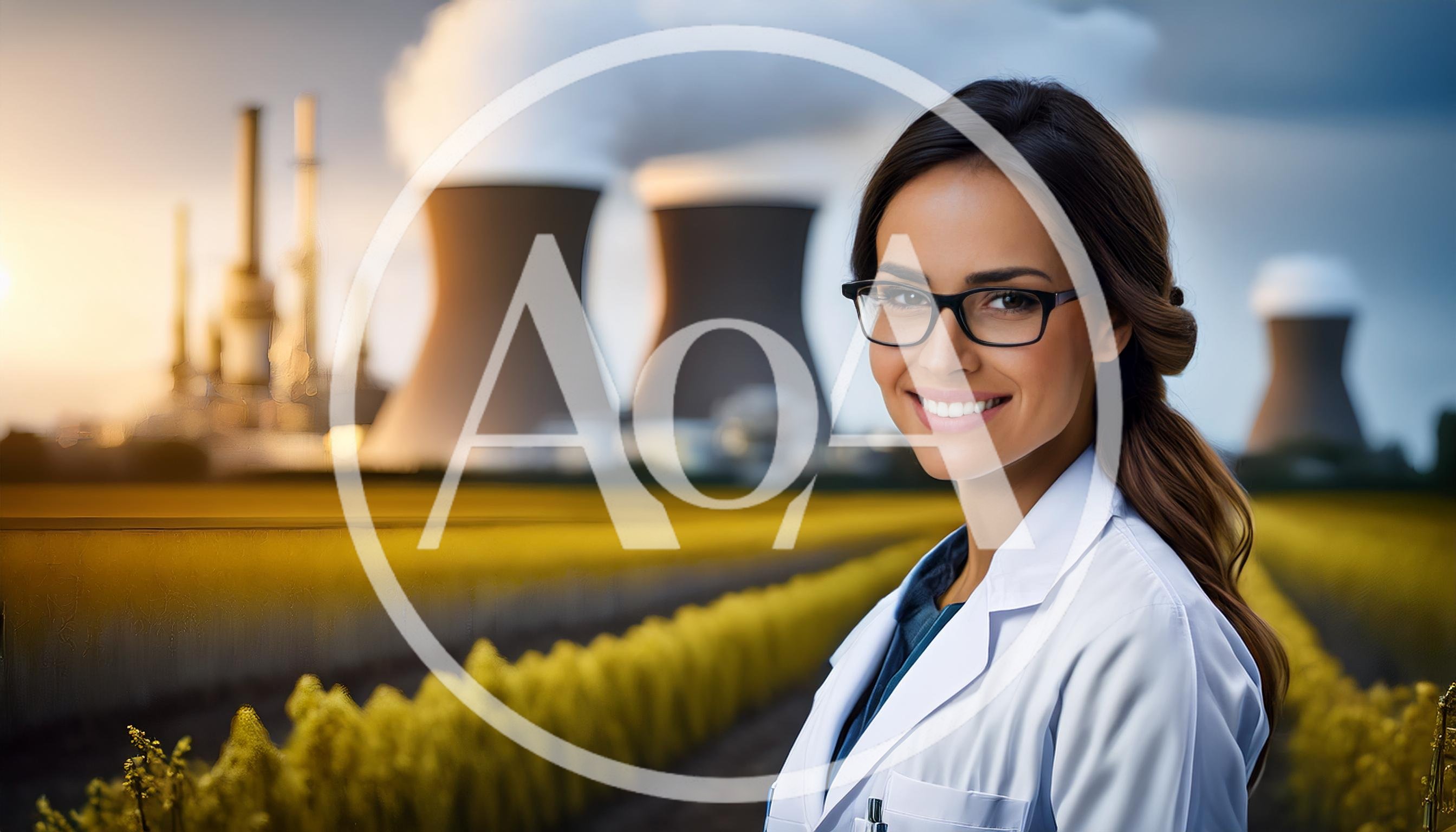 Female Scientist Standing Before A Nuclear Power Plant